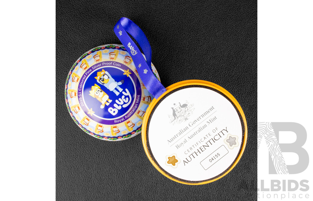 Australian RAM 2025 Silver Proof Coloured One Dollar Coin, Bluey Christmas, One Dollar Buck .999