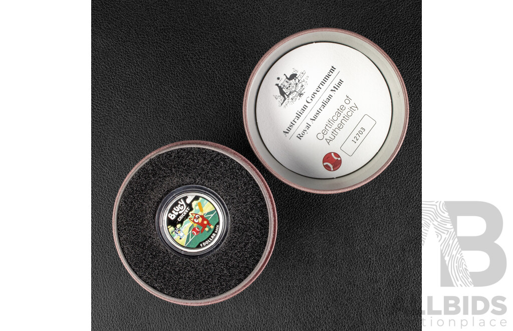 Australian 2027 Silver Proof Coloured One Dollar Coin, Bluey Cricket .999