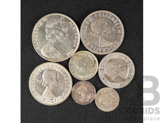 Collection of Australian Silver Coins Including 1966 Round Fifty Cent Coin, 1954 Florin, Royal Visit, 1963 Florin, 1959 Shilling, 1951 Sixpence, 1941, 1951 Threepence