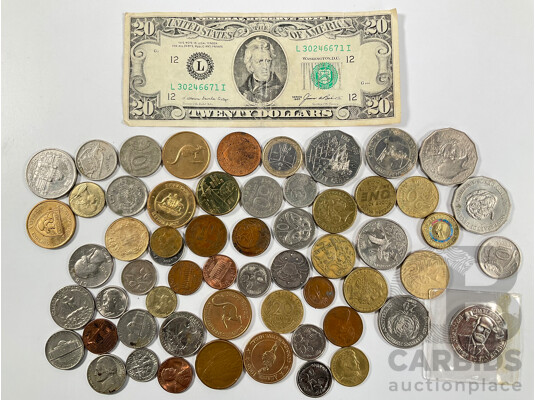 Collection of Vintage Currency and Tokens Including USA 1985 Twenty Dollar Note, Australian One and Two Dollar Commemorative Coins and More