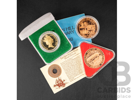 Australian RAM 1988 Proof Five Dollar Coin, Australian Bicentennial, Holey Dollar Medallion, Mount Isa Medallion, Cairns Tourist Dollar