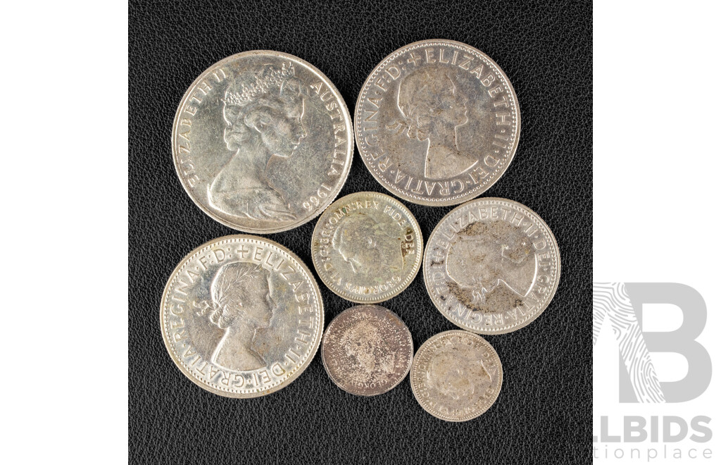 Collection of Australian Silver Coins Including 1966 Round Fifty Cent Coin, 1954 Florin, Royal Visit, 1963 Florin, 1959 Shilling, 1951 Sixpence, 1941, 1951 Threepence