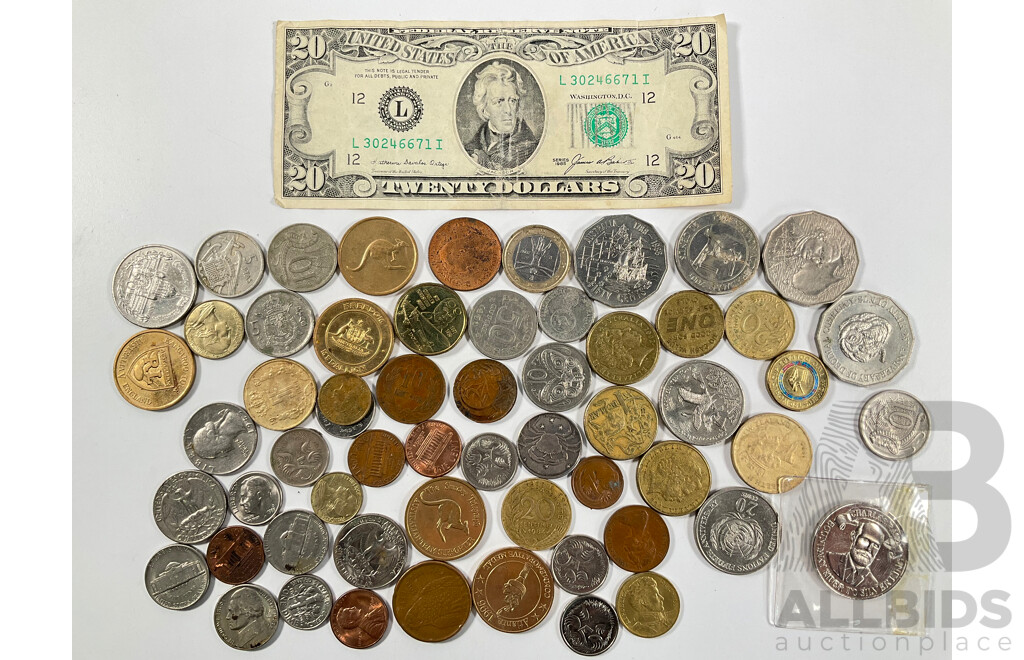 Collection of Vintage Currency and Tokens Including USA 1985 Twenty Dollar Note, Australian One and Two Dollar Commemorative Coins and More