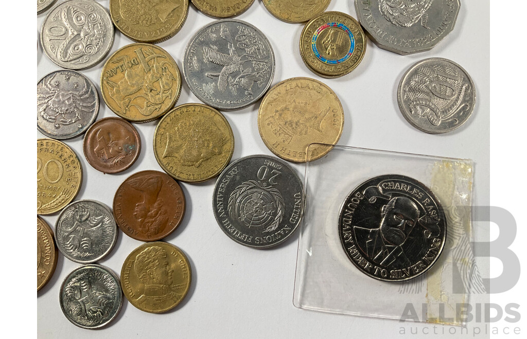 Collection of Vintage Currency and Tokens Including USA 1985 Twenty Dollar Note, Australian One and Two Dollar Commemorative Coins and More