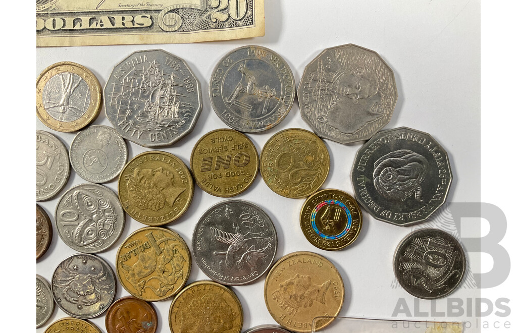 Collection of Vintage Currency and Tokens Including USA 1985 Twenty Dollar Note, Australian One and Two Dollar Commemorative Coins and More