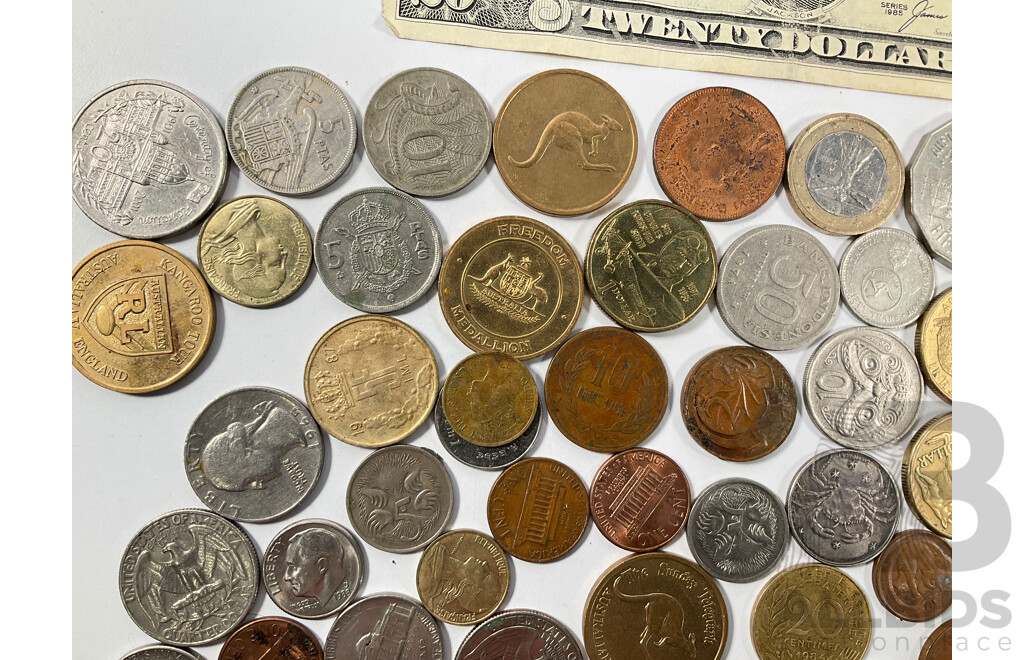Collection of Vintage Currency and Tokens Including USA 1985 Twenty Dollar Note, Australian One and Two Dollar Commemorative Coins and More