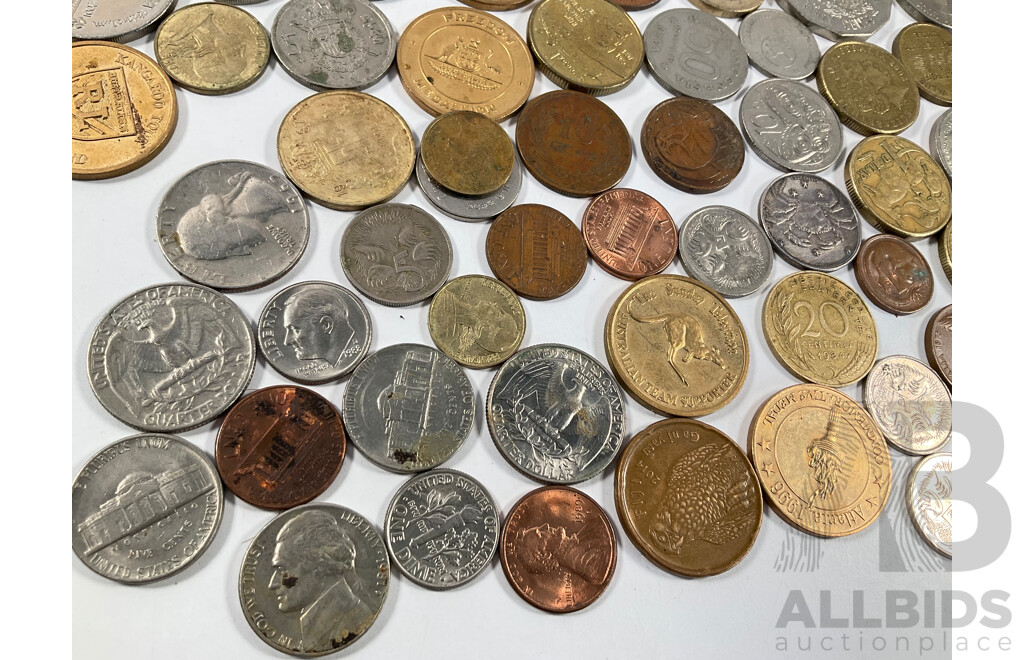 Collection of Vintage Currency and Tokens Including USA 1985 Twenty Dollar Note, Australian One and Two Dollar Commemorative Coins and More