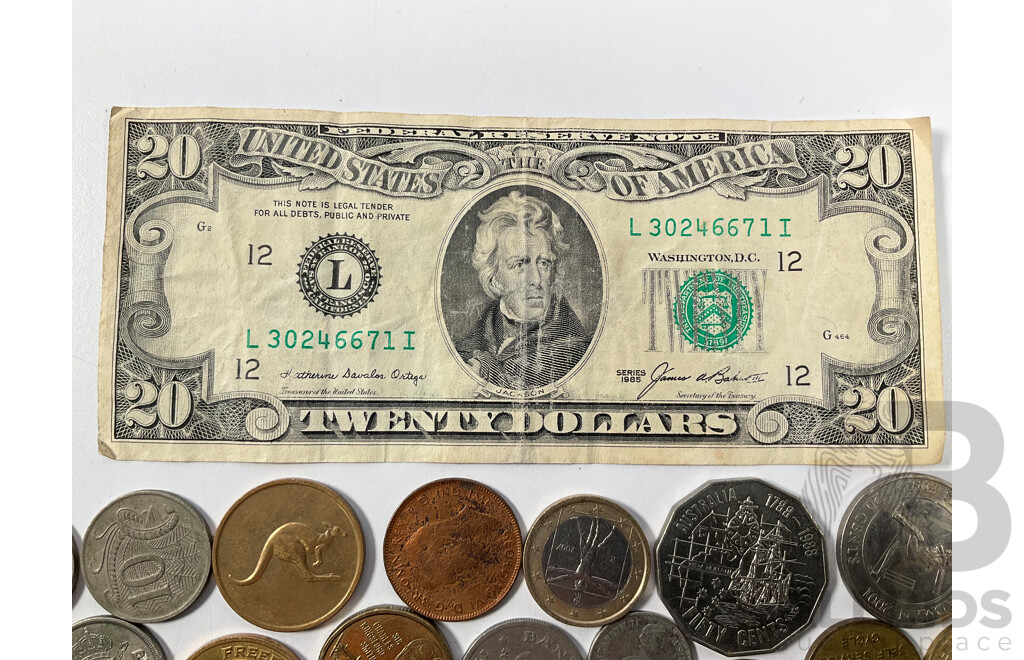 Collection of Vintage Currency and Tokens Including USA 1985 Twenty Dollar Note, Australian One and Two Dollar Commemorative Coins and More