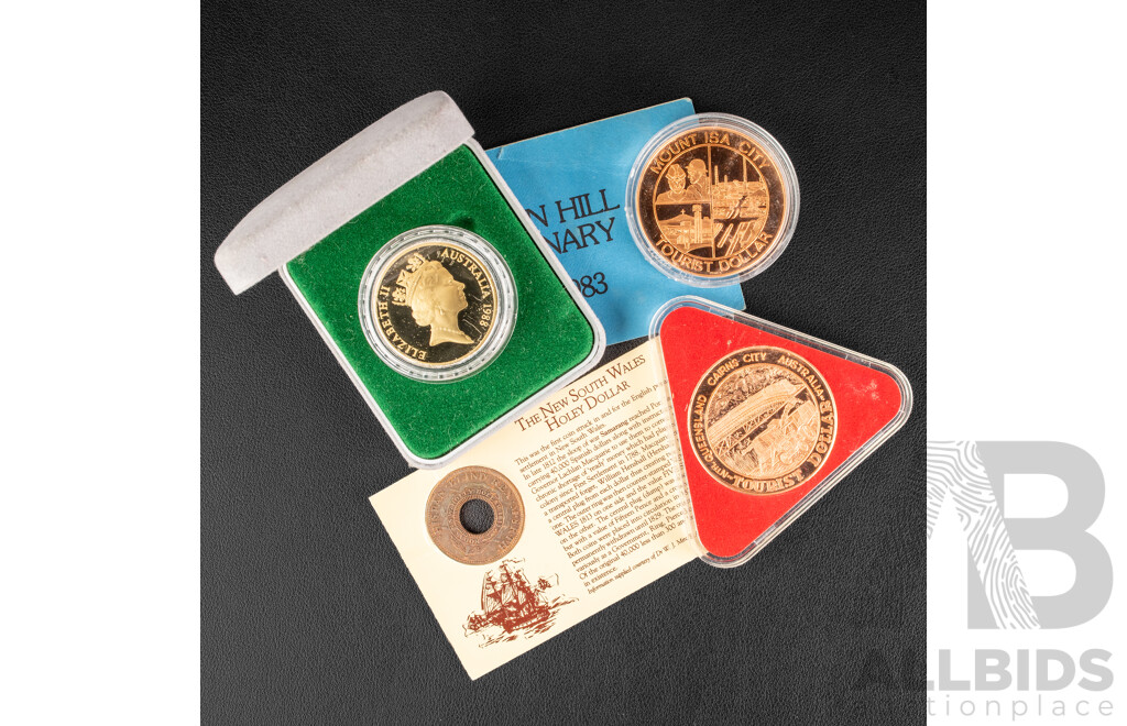 Australian RAM 1988 Proof Five Dollar Coin, Australian Bicentennial, Holey Dollar Medallion, Mount Isa Medallion, Cairns Tourist Dollar