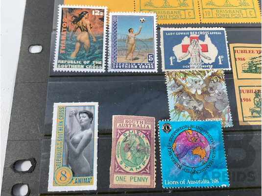 Assortment of Vintage Australian Cinderella Stamps Including 1986 Jubilee Trade Train, Monte Bello - No Nuclear Tests in the Pacific, Republic of the Southern Cross