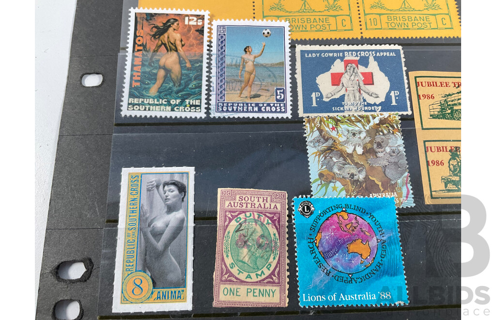 Assortment of Vintage Australian Cinderella Stamps Including 1986 Jubilee Trade Train, Monte Bello - No Nuclear Tests in the Pacific, Republic of the Southern Cross