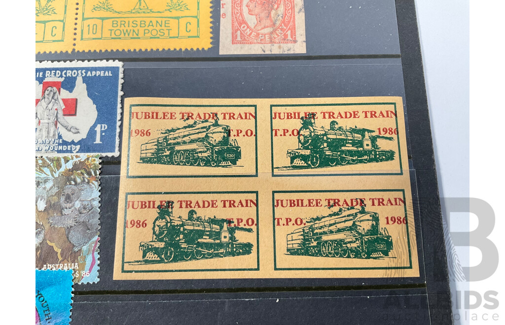 Assortment of Vintage Australian Cinderella Stamps Including 1986 Jubilee Trade Train, Monte Bello - No Nuclear Tests in the Pacific, Republic of the Southern Cross