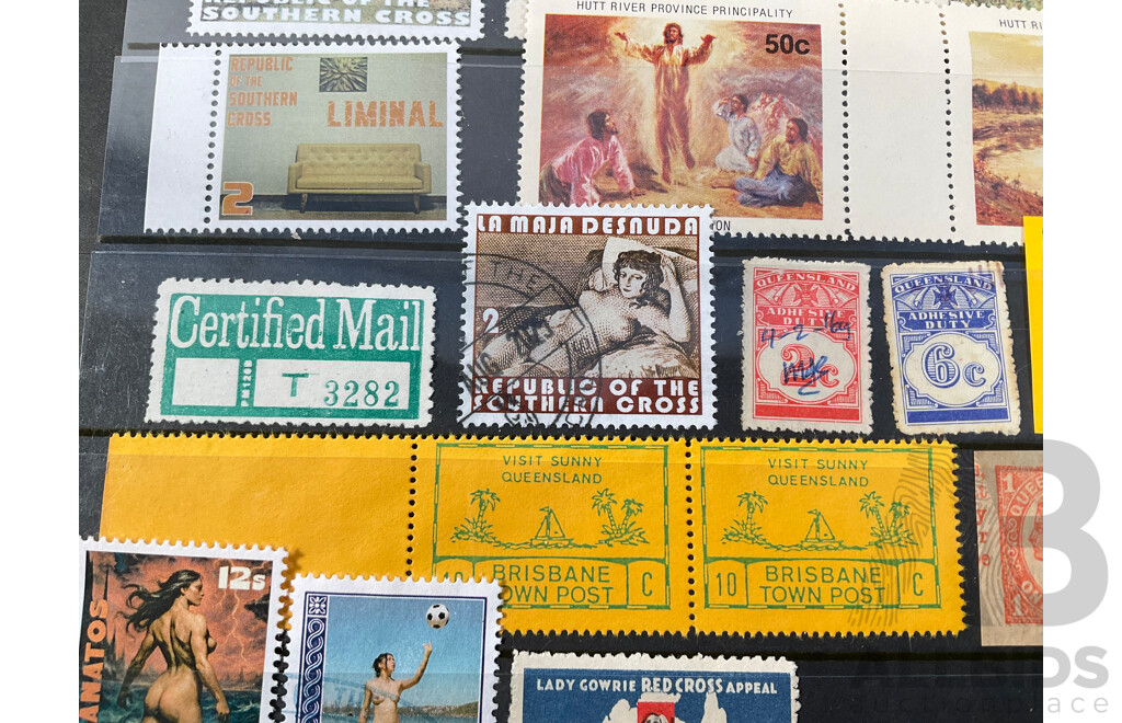Assortment of Vintage Australian Cinderella Stamps Including 1986 Jubilee Trade Train, Monte Bello - No Nuclear Tests in the Pacific, Republic of the Southern Cross
