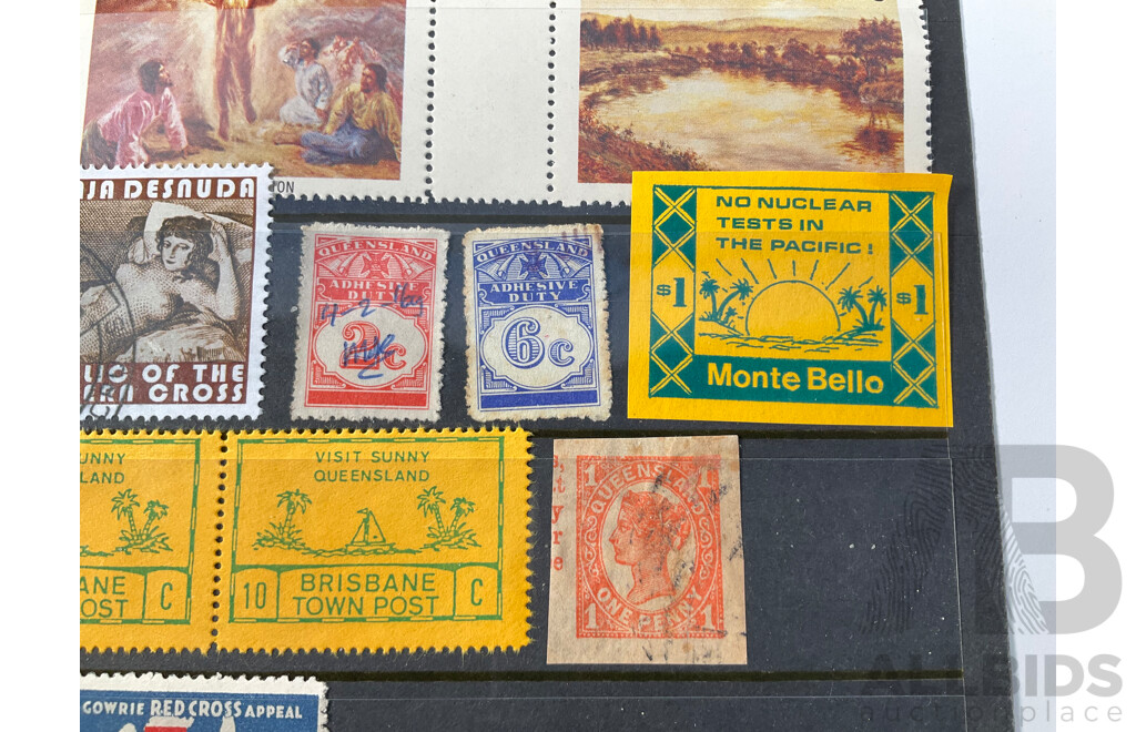 Assortment of Vintage Australian Cinderella Stamps Including 1986 Jubilee Trade Train, Monte Bello - No Nuclear Tests in the Pacific, Republic of the Southern Cross