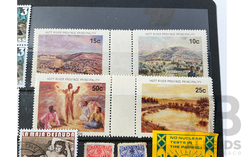 Assortment of Vintage Australian Cinderella Stamps Including 1986 Jubilee Trade Train, Monte Bello - No Nuclear Tests in the Pacific, Republic of the Southern Cross