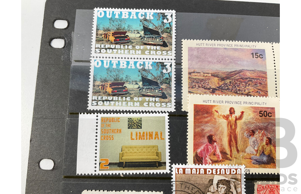 Assortment of Vintage Australian Cinderella Stamps Including 1986 Jubilee Trade Train, Monte Bello - No Nuclear Tests in the Pacific, Republic of the Southern Cross