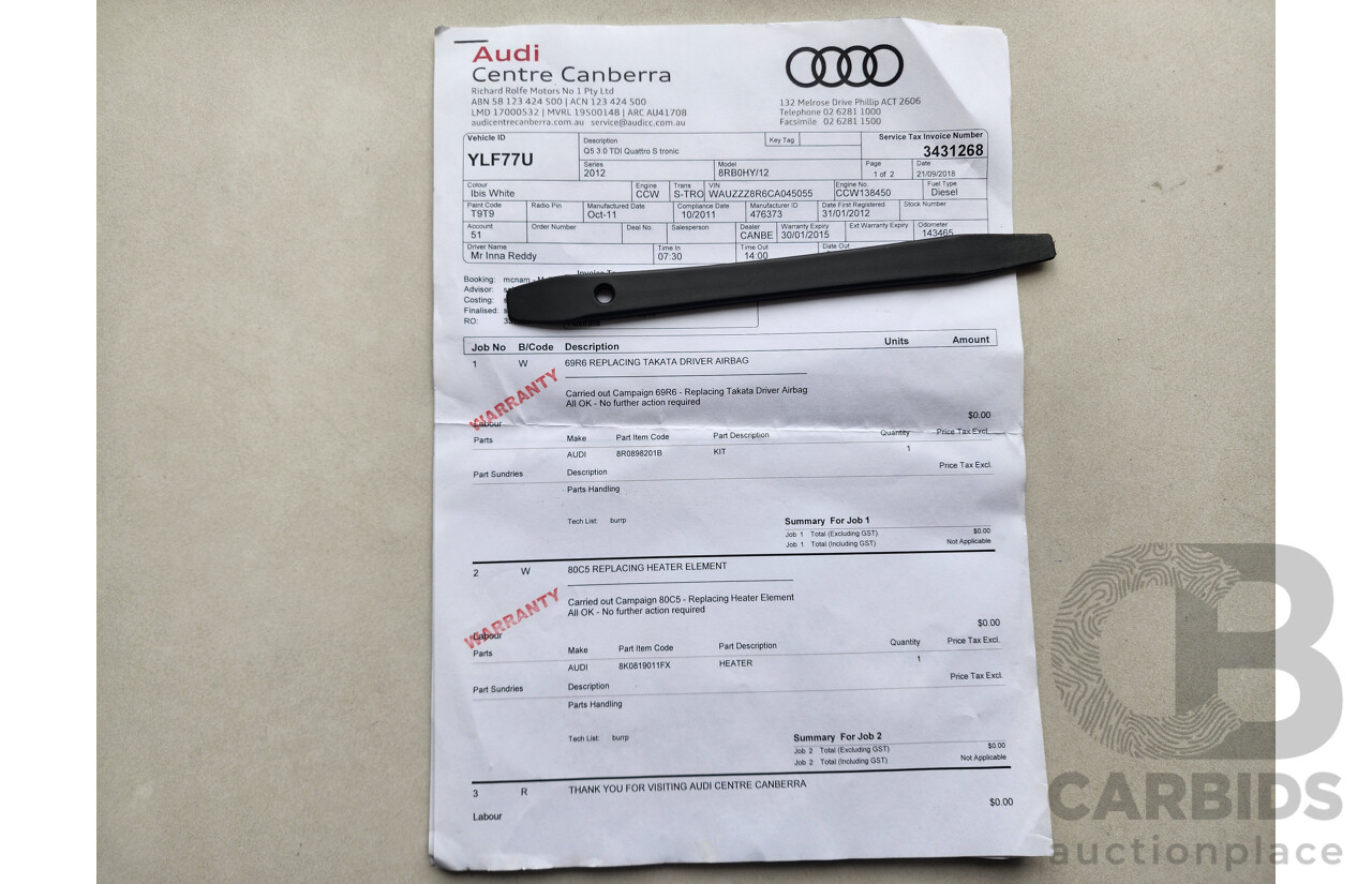 01/2012 Audi Q5 3.0 TDI Quattro 8R MY12 4d Wagon White 3.0L