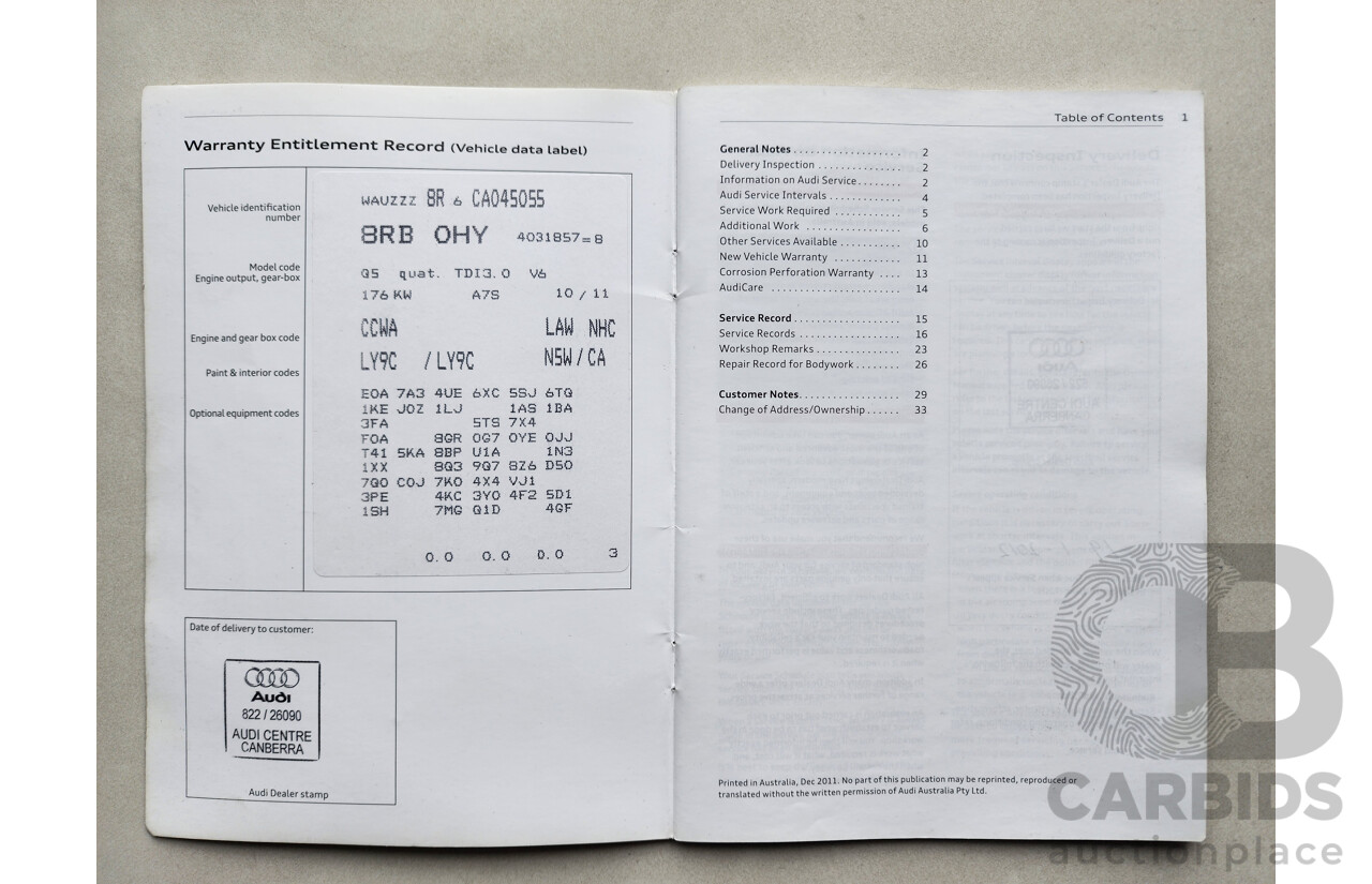 01/2012 Audi Q5 3.0 TDI Quattro 8R MY12 4d Wagon White 3.0L