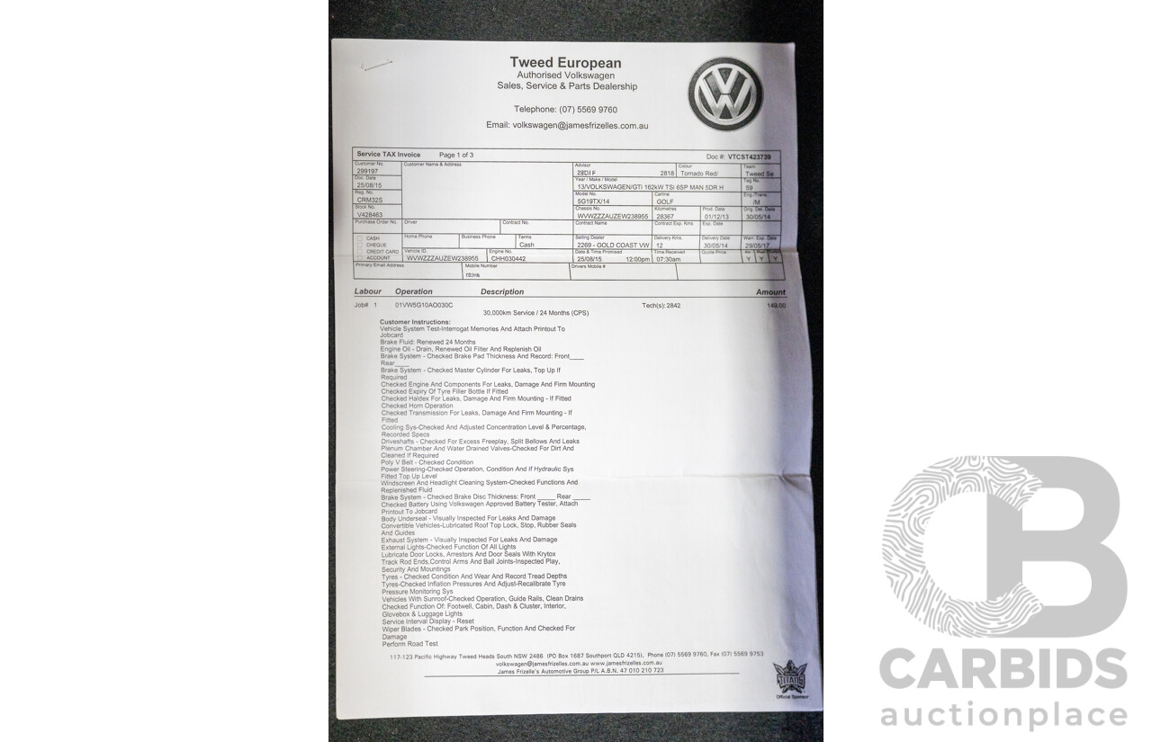 2/2014 Volkswagen Golf GTi AU MY14 5d Hatchback Tornado Red Turbo 2.0L - Stage 3 APR
