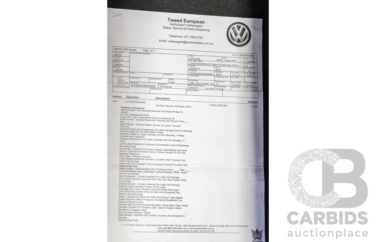 2/2014 Volkswagen Golf GTi AU MY14 5d Hatchback Tornado Red Turbo 2.0L - Stage 3 APR