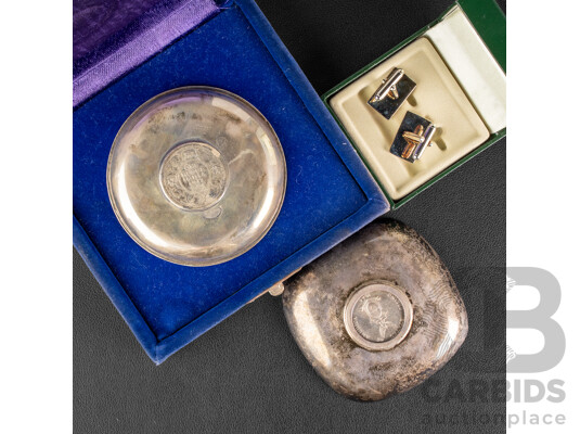 India 1917 KGV Silver One Rupee Inlaid Into Silver Dish with Philippines 1944 Fifty Cent Inlaid to Silver Plate Dish, Two House of Commons Cufflinks