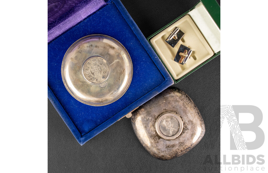 India 1917 KGV Silver One Rupee Inlaid Into Silver Dish with Philippines 1944 Fifty Cent Inlaid to Silver Plate Dish, Two House of Commons Cufflinks