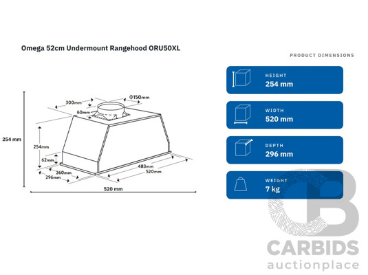OMEGA 52cm Undermount Rangehood (ORU50XL) (Depth - 296mm Height - 254mm Width - 520mm)