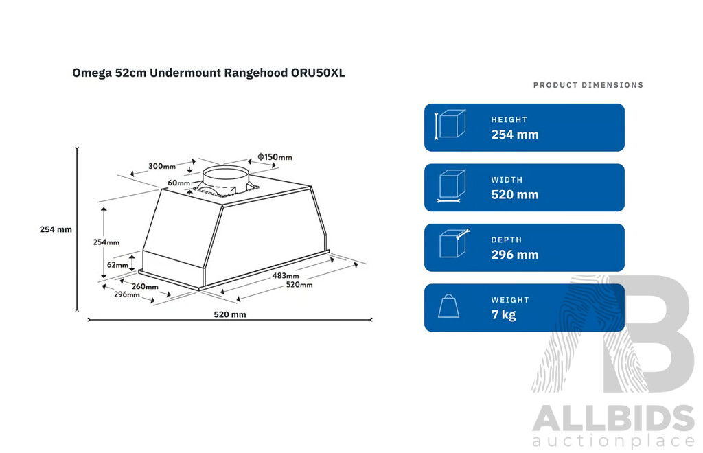 OMEGA 52cm Undermount Rangehood (ORU50XL) (Depth - 296mm Height - 254mm Width - 520mm)