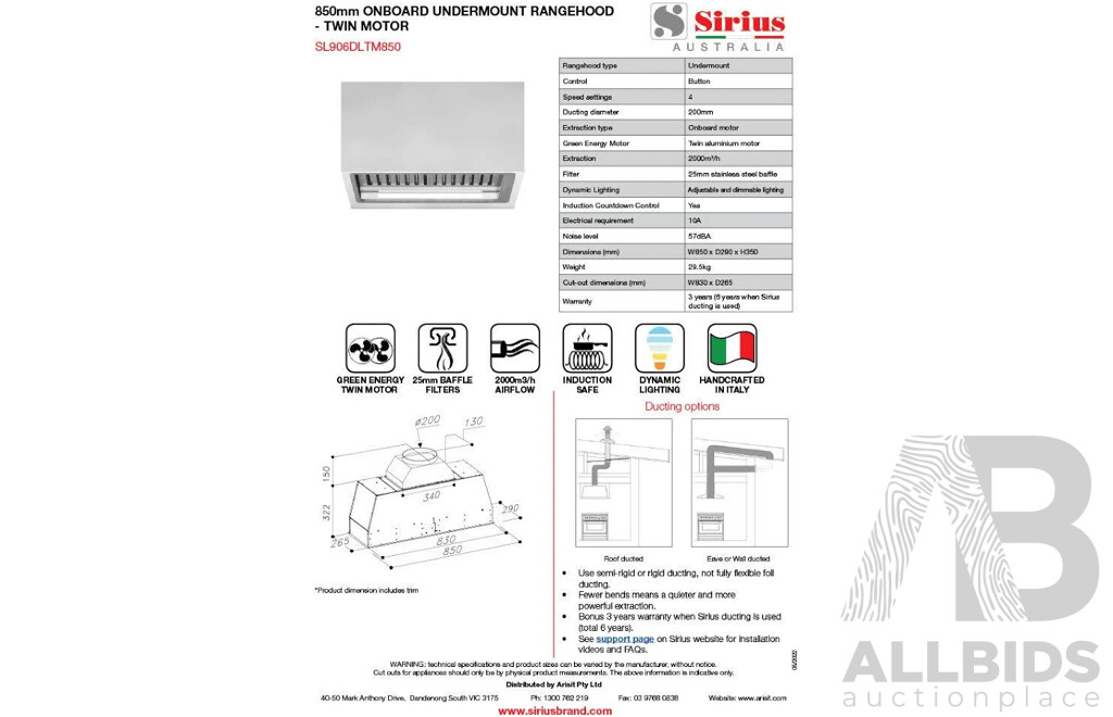 SIRIUS 850mm Onboard Undermount Rangehood (Twin Motor) (SL906DLTM850)