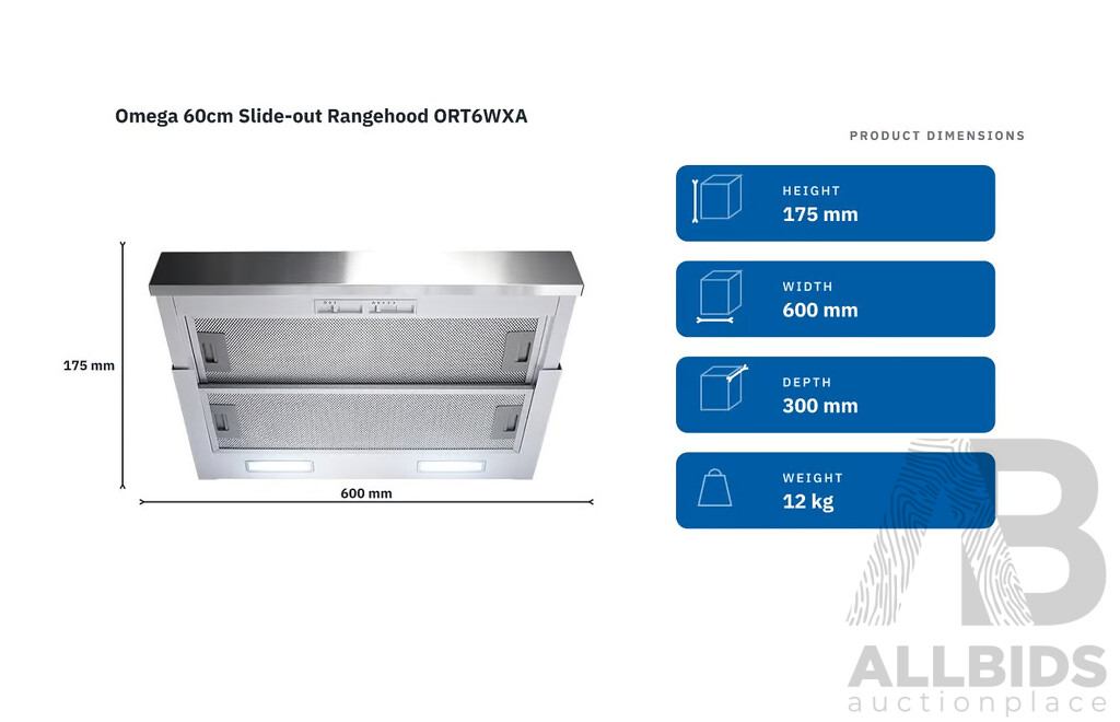 OMEGA 60cm Slide Out Rangehood Ducted (ORT6WXA)