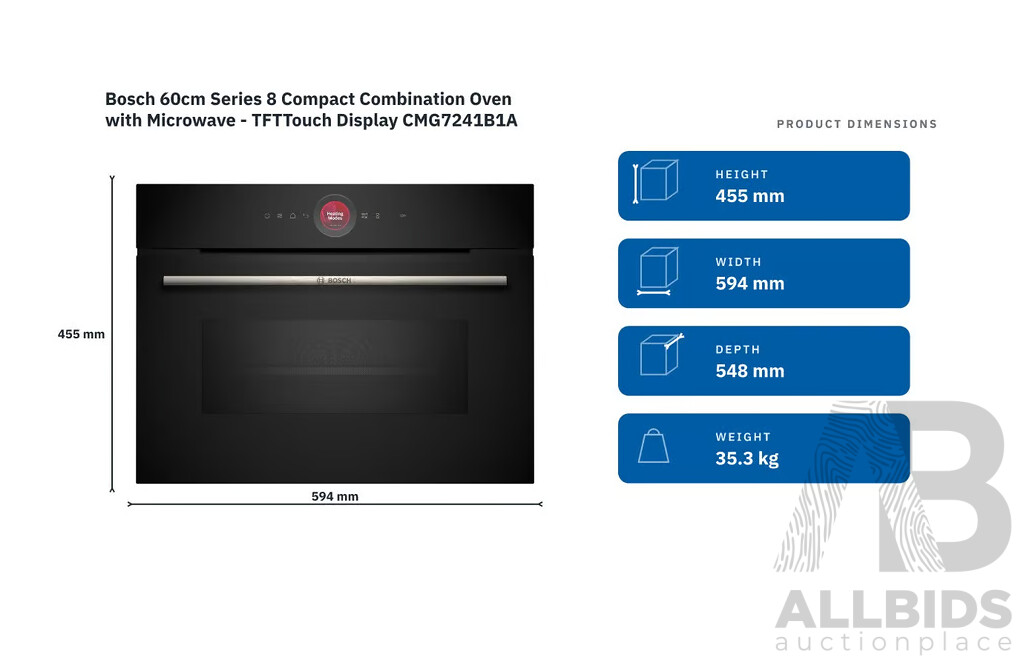 BOSCH Series 8 6Ocm Black Compact Combination Oven with Microwave (CMG633BB1A) (H: 455 X W: 594 X D: 548mm)