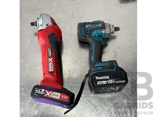 MAKITA 18V Cordless Impact Wrench & OZITO Power X-Change 18V Cordless Angle Grinder with 4x Batteries and 2x Battery Chargers