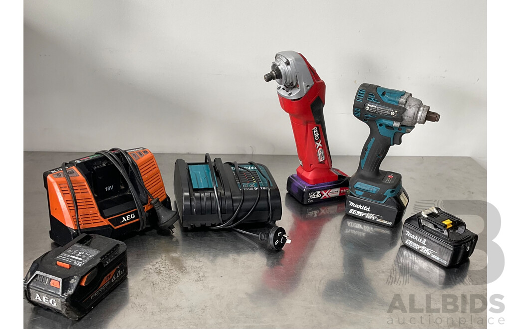 MAKITA 18V Cordless Impact Wrench & OZITO Power X-Change 18V Cordless Angle Grinder with 4x Batteries and 2x Battery Chargers