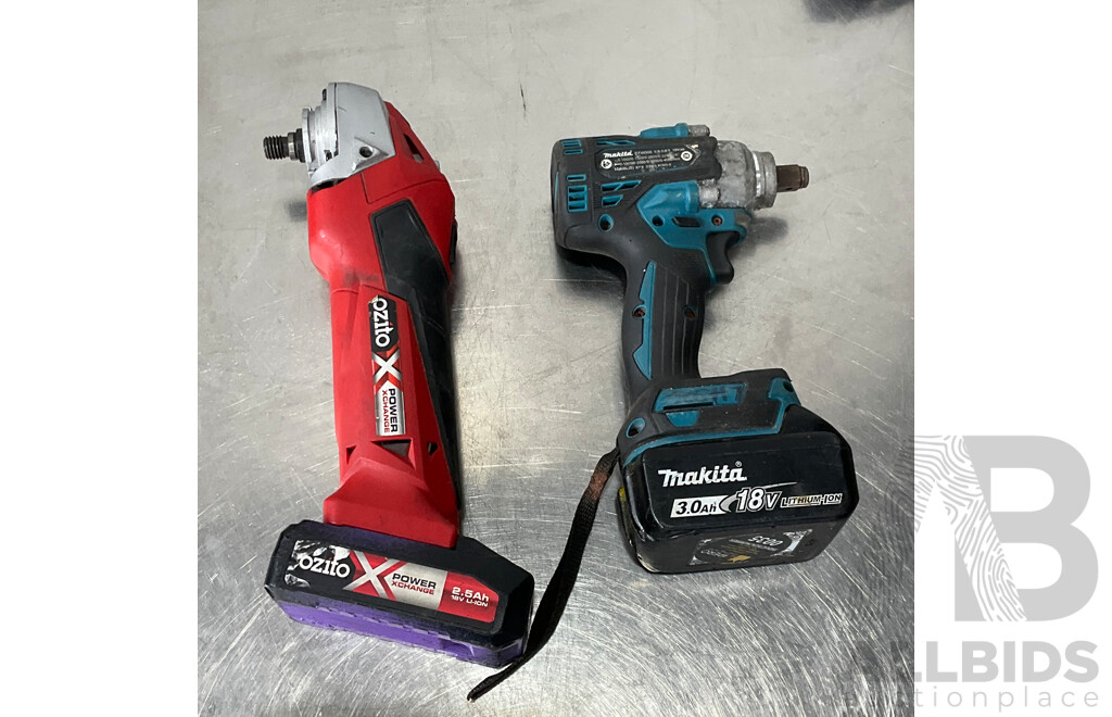 MAKITA 18V Cordless Impact Wrench & OZITO Power X-Change 18V Cordless Angle Grinder with 4x Batteries and 2x Battery Chargers