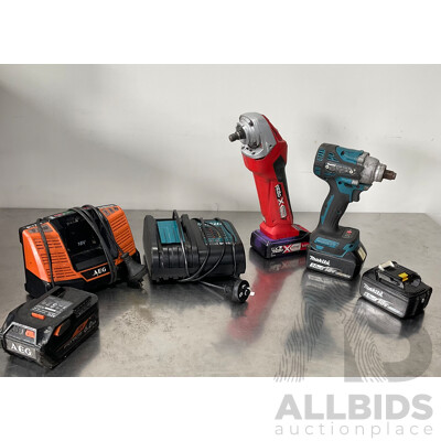 MAKITA 18V Cordless Impact Wrench & OZITO Power X-Change 18V Cordless Angle Grinder with 4x Batteries and 2x Battery Chargers