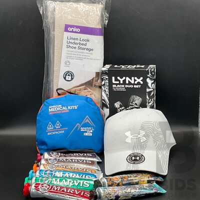 MARVIS Toothpaste, UNDERARMOUR Hat, LYNX Black Duo Set, ADVENTURE Medical Kit, ANKO Linen Look Underbed Shoe Storage - Lot of 12