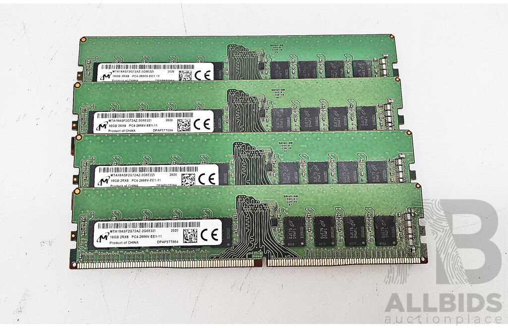 Micron (Mta18asf2g72az-2g6e2zi) 16gb Ecc Ddr4 2666v Udimm Ram - Lot Of Four