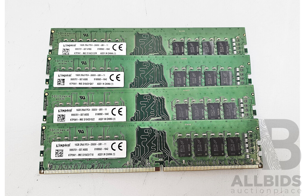 Kingston (KTP9W1-MIES184291T18) 16GB DDR4 2666V UDIMM RAM - Lot of Four