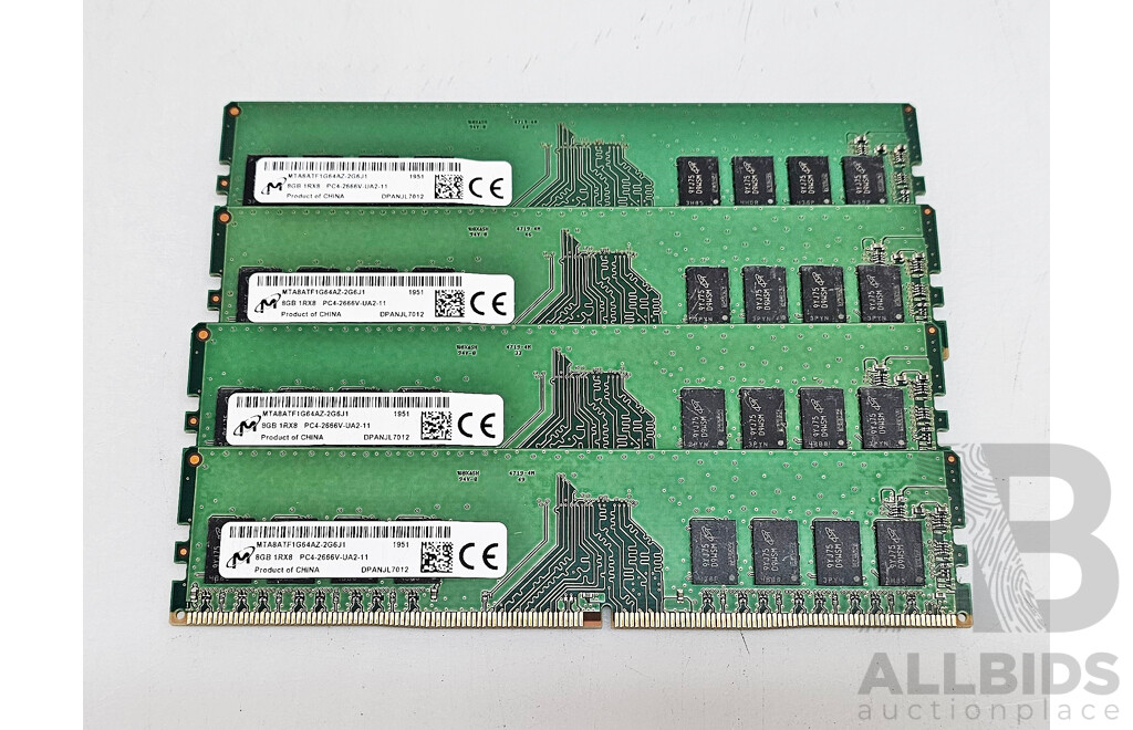 Micron (MTABATF1G64AZ-2G6J1) 8GB DDR4 2666V UDIMM RAM - Lot of Four