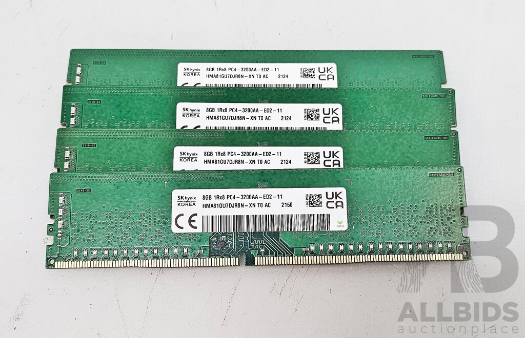 SK Hynix (HMA81GU7DJR8N-XN) 8GB DDR4 3200AA UDIMM RAM - Lot of Four