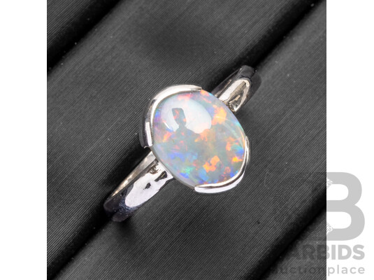 Handmade 14ct White Gold & Opal Solitaire Ring - Size N