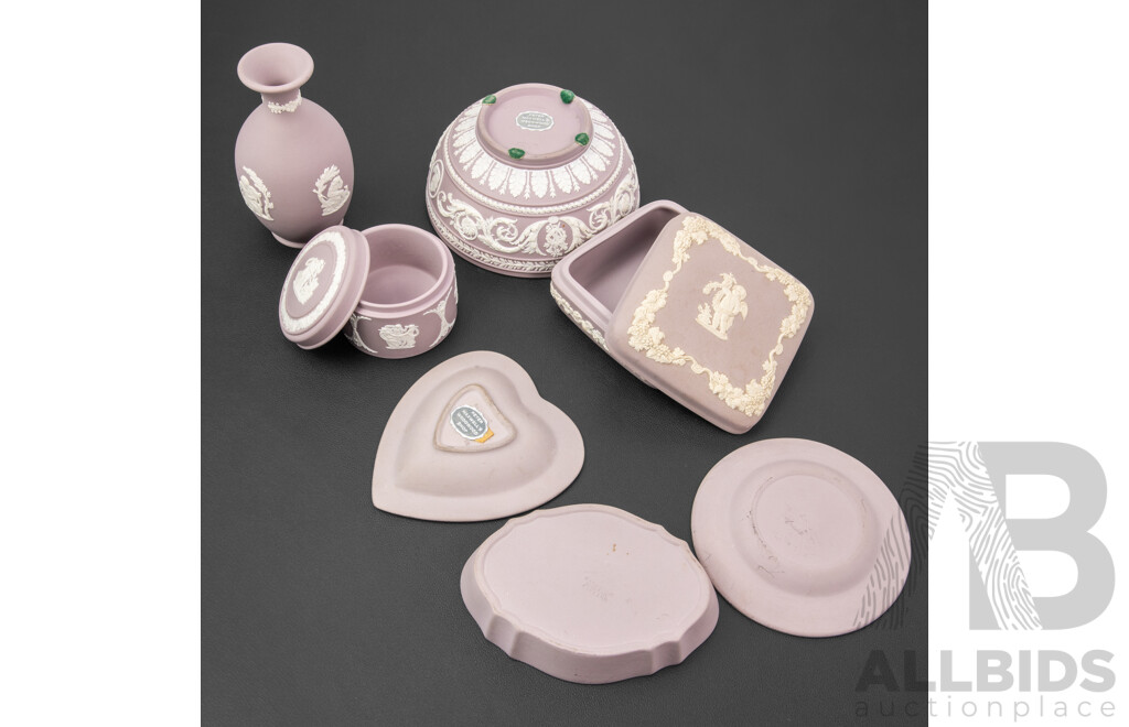 Collection of Seven Wedgewood White on Lilac Ceramic Pieces