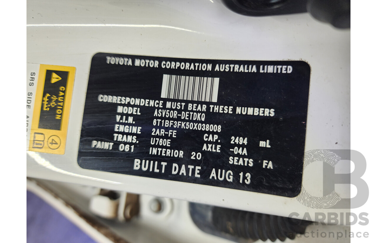 08/2013 Toyota Camry Altise ASV50R 4d Sedan White 2.5L