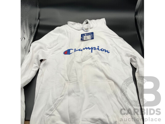 Assortment of Clothing (CHAMPION White Jumper, Black Graphic Jurassic Park Shirt, Navy Blue UNIQLO X JEFF KOONS UT Graphic T-Shirt) - LOT of 3