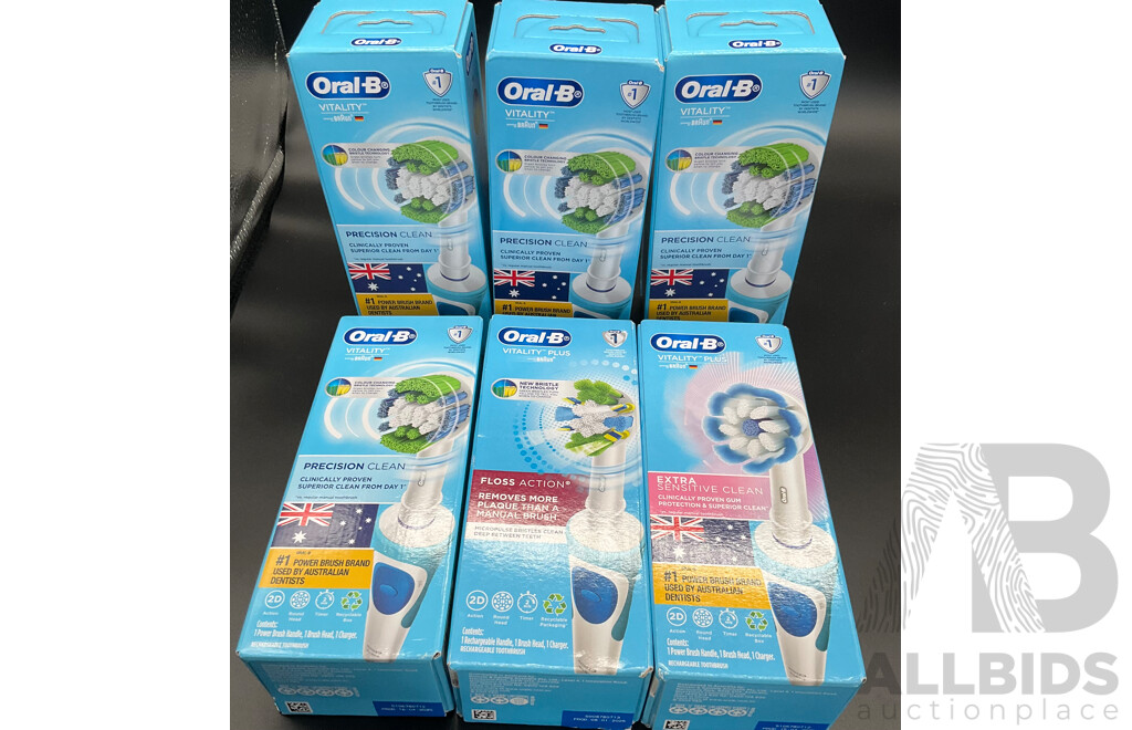 ORAL-B Vitality Electric Toothbrush (Brush Heads - Precision Clean, Floss Action & Extra Sensitive Clean) - LOT OF 6
