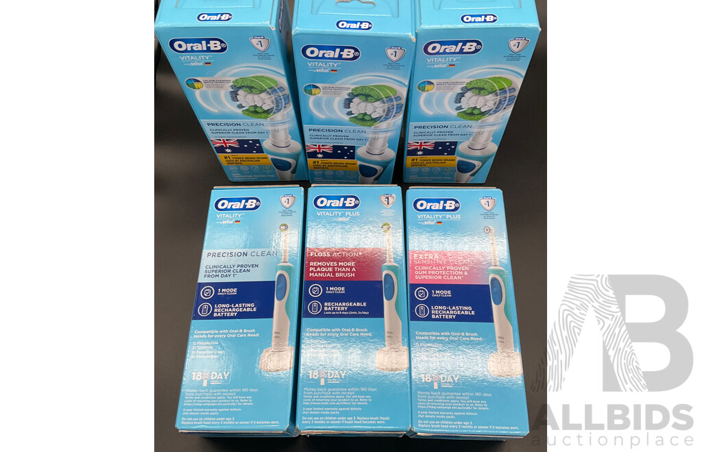 ORAL-B Vitality Electric Toothbrush (Brush Heads - Precision Clean, Floss Action & Extra Sensitive Clean) - LOT OF 6