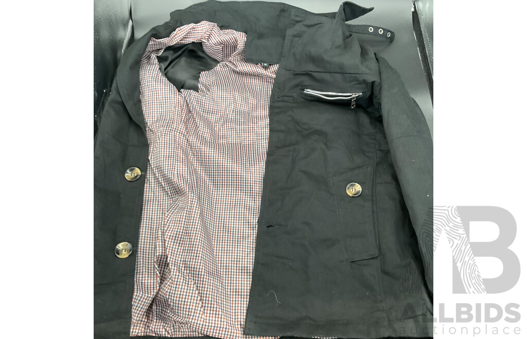 Black Casual Coat - Button Closure and Distinctive Red & White Checkered Interior Lining
