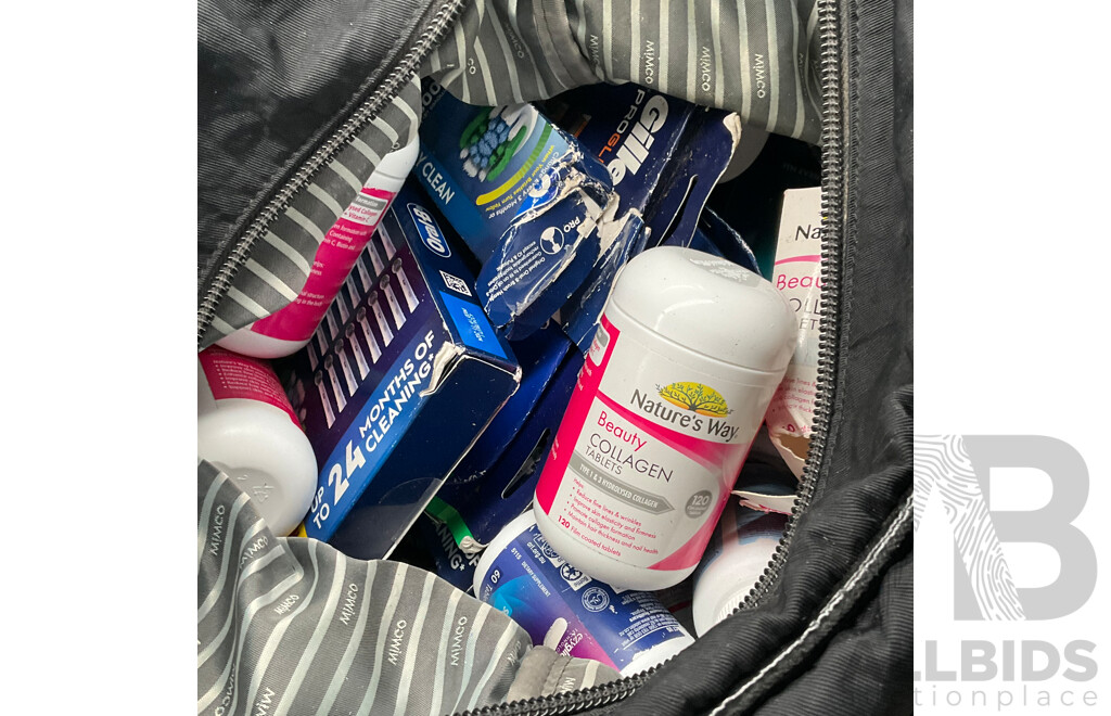 Assorment of Personal Care, Grooming and Wellness Products (Gillette, Oral-B, Ostelin & Natures Way) Carry Bag Included - LOT of 29