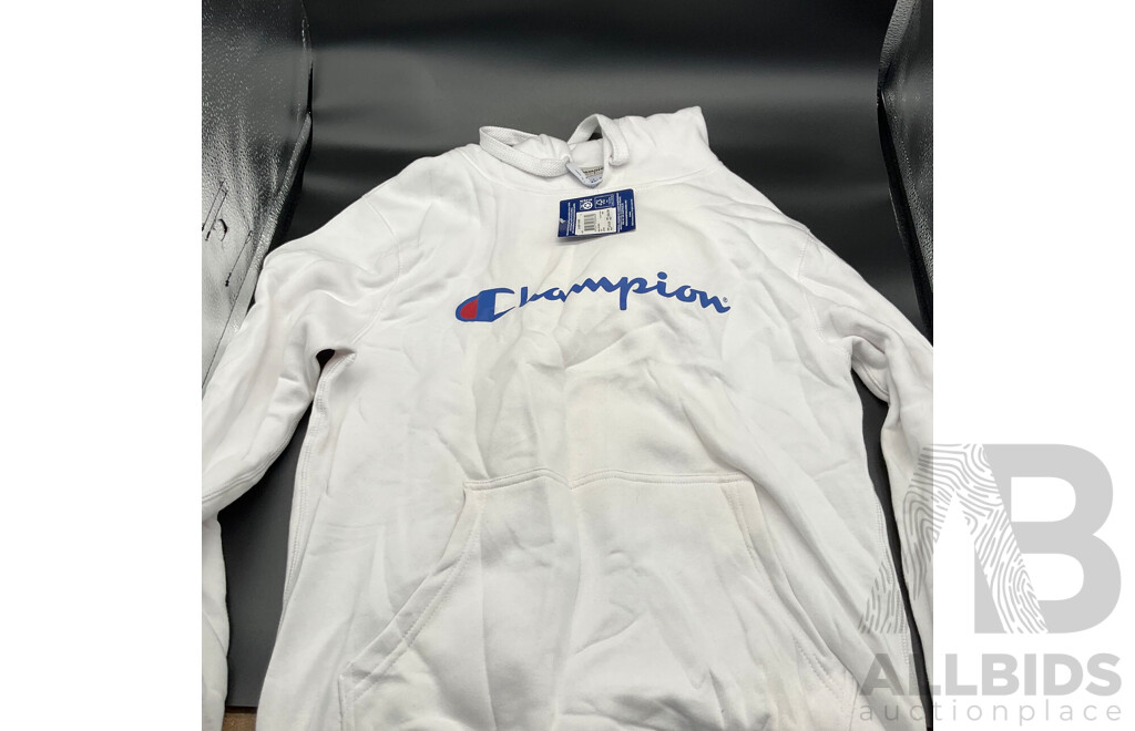 Assortment of Clothing (CHAMPION White Jumper, Black Graphic Jurassic Park Shirt, Navy Blue UNIQLO X JEFF KOONS UT Graphic T-Shirt) - LOT of 3