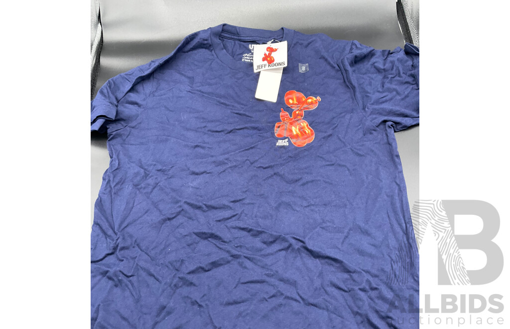 Assortment of Clothing (CHAMPION White Jumper, Black Graphic Jurassic Park Shirt, Navy Blue UNIQLO X JEFF KOONS UT Graphic T-Shirt) - LOT of 3